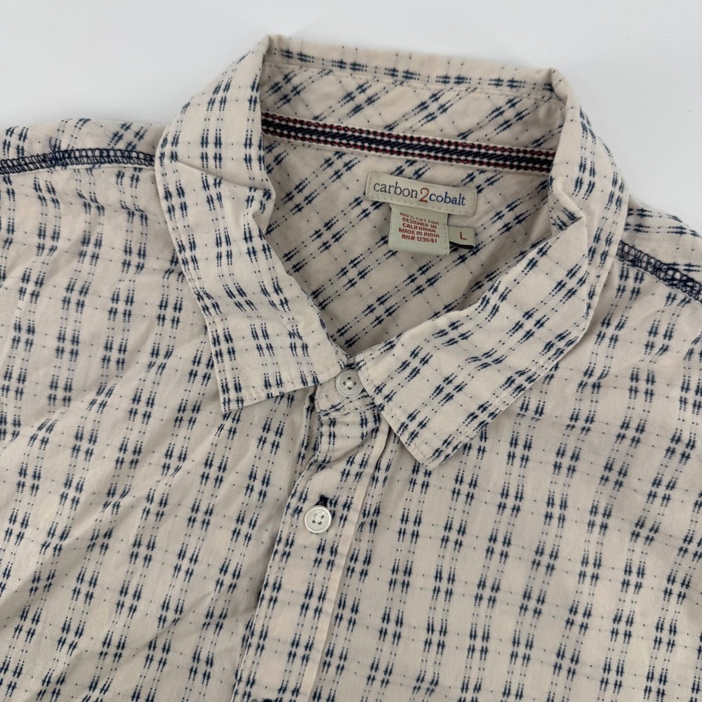 Carbon2cobalt Button Up Shirt Mens Large Cream Navy Dobby Short Sleeve Cotton